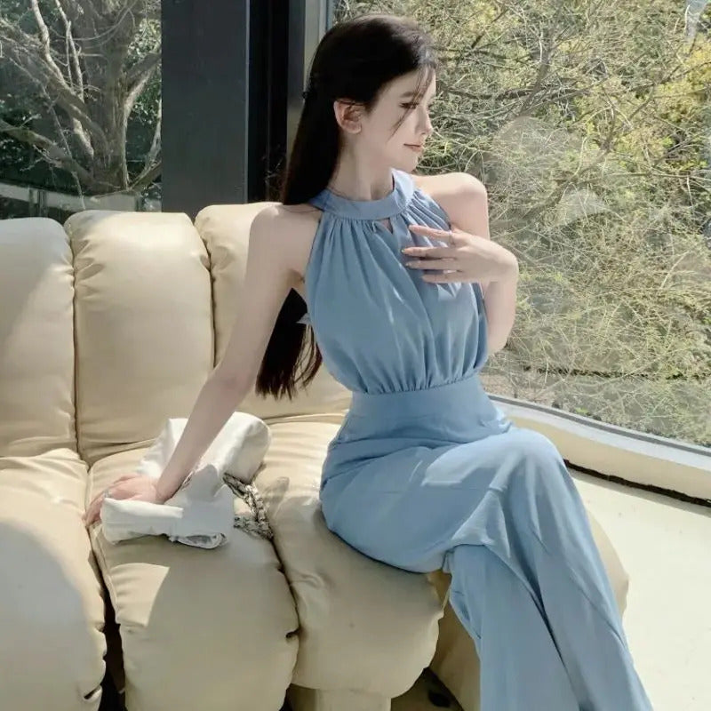 商务装女2024 Summer New Style Body Suits For Women Romper Solid Color Hanging Neck Off Shoulder High Waist Slim Jumpsuits Wide Leg Pants