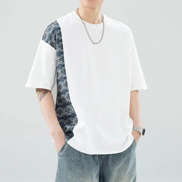 T恤男Summer High-End Feel Cotton T-Shirt For Men Short Sleeves Trendy Spliced Floral Bodycon Not Symmetric Round Neck Breathable Top
