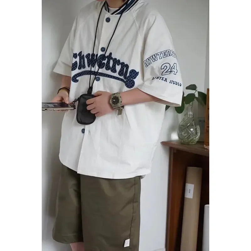 衬衫男Casual Printed Short Sleeve Baseball Uniform Men's Stand Collar Cardigan Jacket Loose Fit Korean Style INS Trendy Student Top