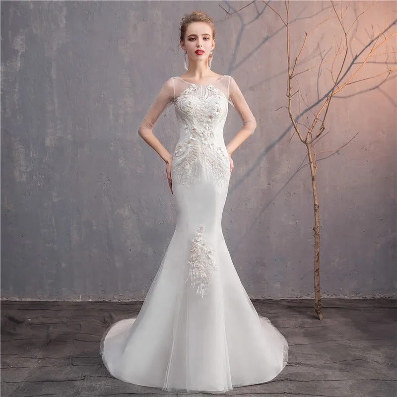 礼服女Y&M Novias O Neck Sleeveless Tulle Mermaid Wedding Dress A Line Lace Appliques Bridal Wedding Gowns Lace Up Vestido De Noiva