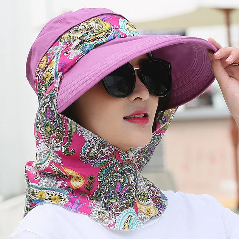 帽子女Women Anti-UV Sun Hat Beach Foldable Sunscreen Floral Print Caps Neck Face Care Wide Brim Hat New Summer Outdoor Riding