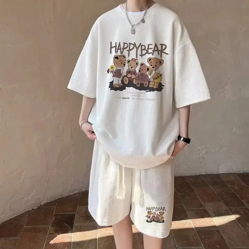 男士套装Casual Sporty Bear Printing Men's Summer Suit Trendy Youth Loose-Fit Short Sleeve Shorts 2-Piece Set From China Mainland