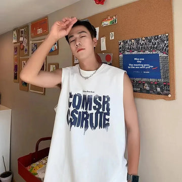 男士背心Versatile American Style High Street Sleeveless T-Shirt Loose Fit Plus Size Vest Men's Summer Solid Color Sport Shoulder Top