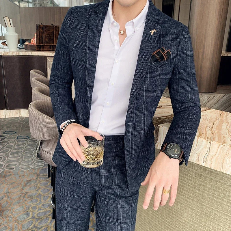 商务装男( Blazer + Pants ) High-end Brand Formal Business Plaid Mens Suit Groom Wedding Dress Solid Color Stage Performance Tuxedo S-7XL