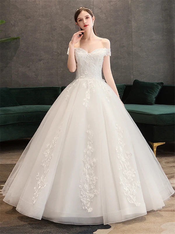 礼服女Plus Size Lace Flowers Peals Wedding Dresses Simple Elegant Wedding Gowns Bride Dress Boda robe de mariee Boat neck Off Shoulder