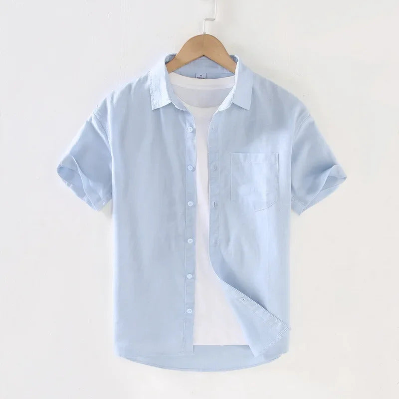 衬衫男Summer New Men's Pocket Cardigan Square Collar Shirt Casual Cotton Linen Basic Short Sleeves Thin Style Men's Jacket