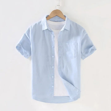 衬衫男Summer New Men's Pocket Cardigan Square Collar Shirt Casual Cotton Linen Basic Short Sleeves Thin Style Men's Jacket