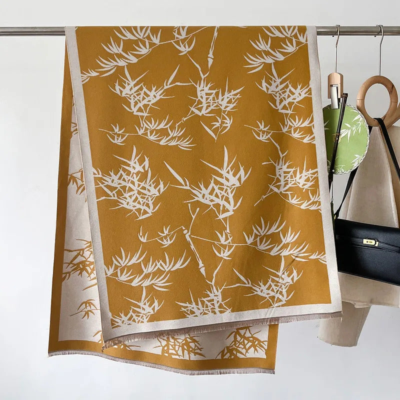 丝巾女2024 Japanese Bamboo Leaves Print Cashmere Scarfs Women Autumn Winter Keep Warm Big Wrap and Shawl Female Large Pashmina Bufanda