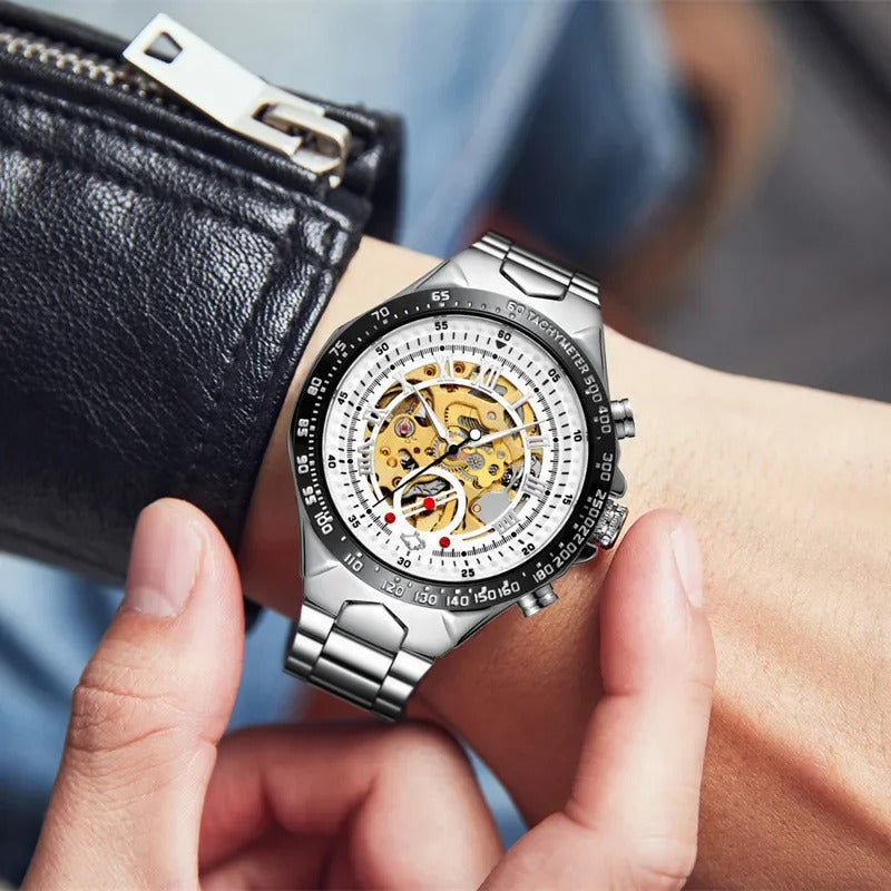 手表男手表男Elegant Business Style Men's Mechanical Wristwatch Wholesale New Model Waterproof Hollow Dial Steel Strap Automatic Timepiece