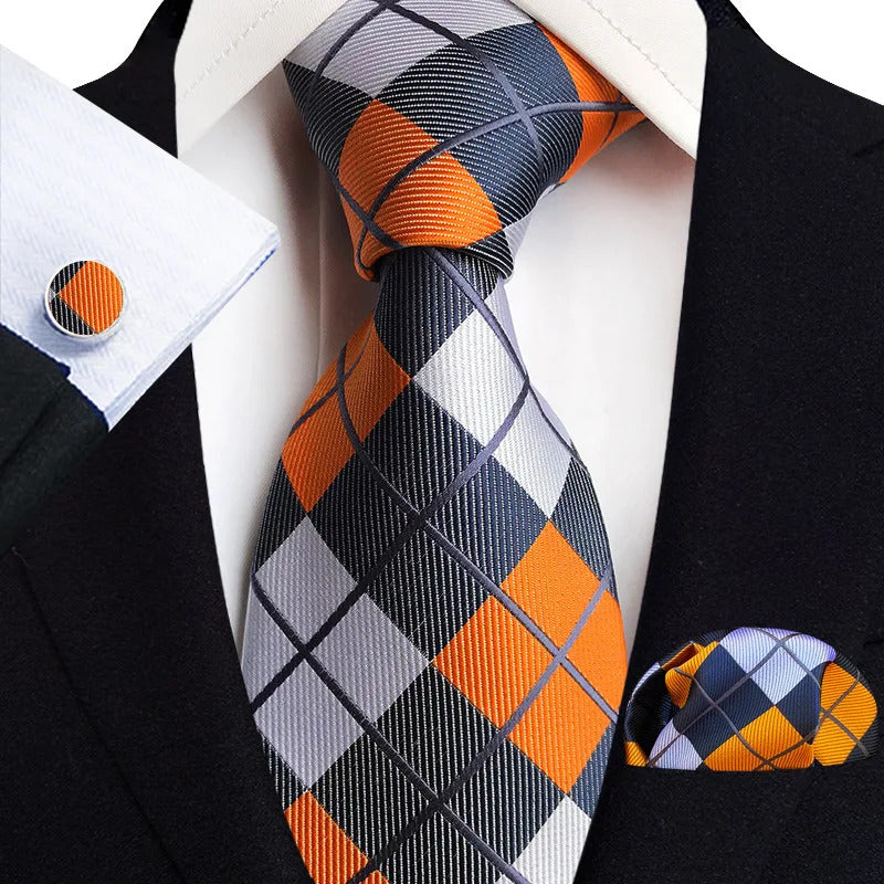 领带男Orange Novelty Ties For Men Plaid Flower Design Silk Wedding Necktie For Men Hanky Cufflinks Gifts Business Party Suit Bow Tie