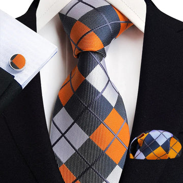领带男Orange Novelty Ties For Men Plaid Flower Design Silk Wedding Necktie For Men Hanky Cufflinks Gifts Business Party Suit Bow Tie