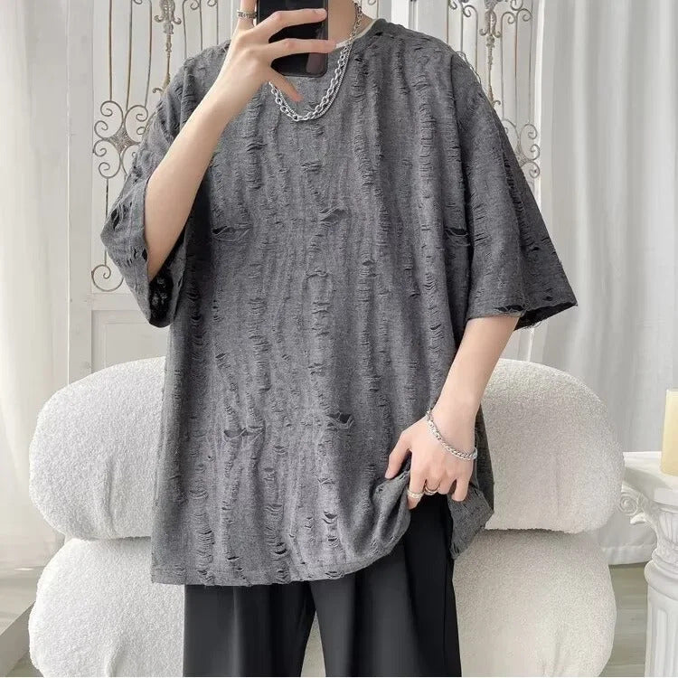 T恤男Hollow Out Short Sleeve Men's T-Shirt Hong Kong Style INS Design Sensibility Rebellious Top Summer Trendy Loose-Fit Couple Shirt