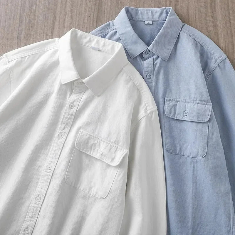 衬衫男American Style Heavy Duty Long Sleeve Cotton Shirt For Men Casual Spring Autumn Pocket High End Feel White Shirt Jacket