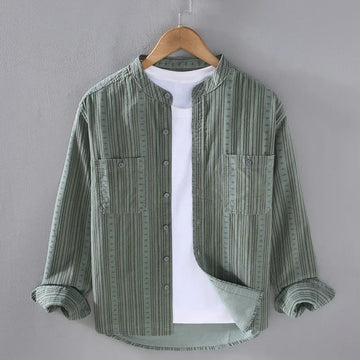 衬衫男Men's Long Sleeve Striped Cotton Shirt Casual Trendy Stand Collar Top For Spring Autumn Elegant Fashion Versatile Jacket