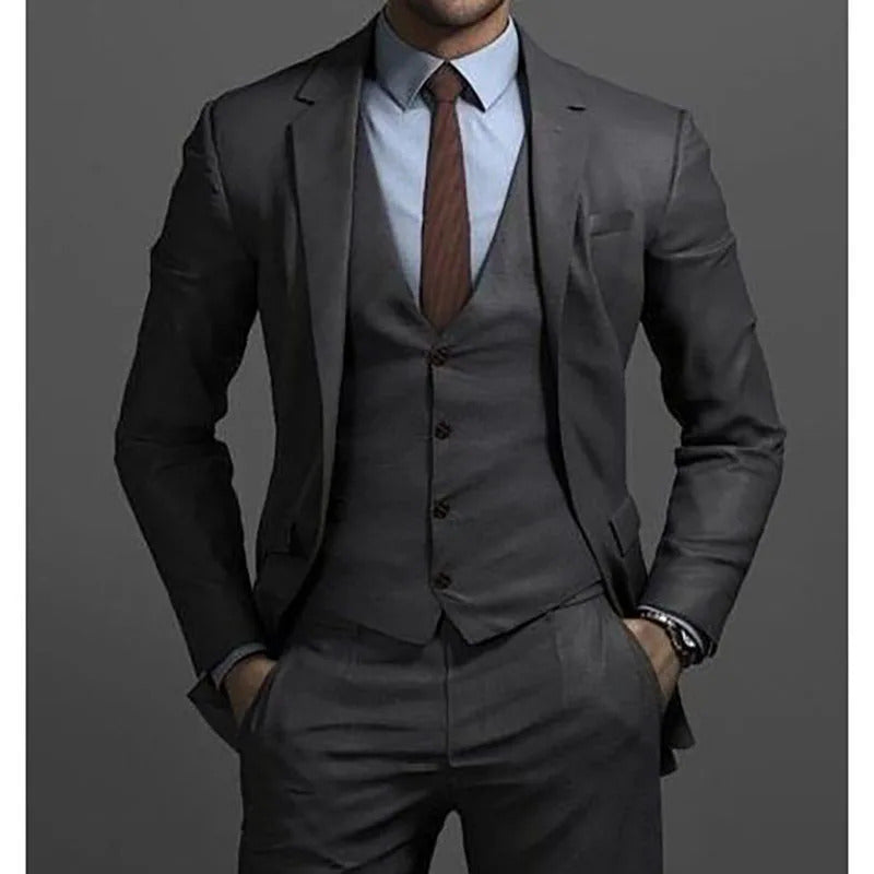 礼服男Slim Fit Dark Grey Suits for Men 3 Piece Single Breasted Notch Lapel Regular Length Full Sets Wedding Jacket Pants Vest Terno