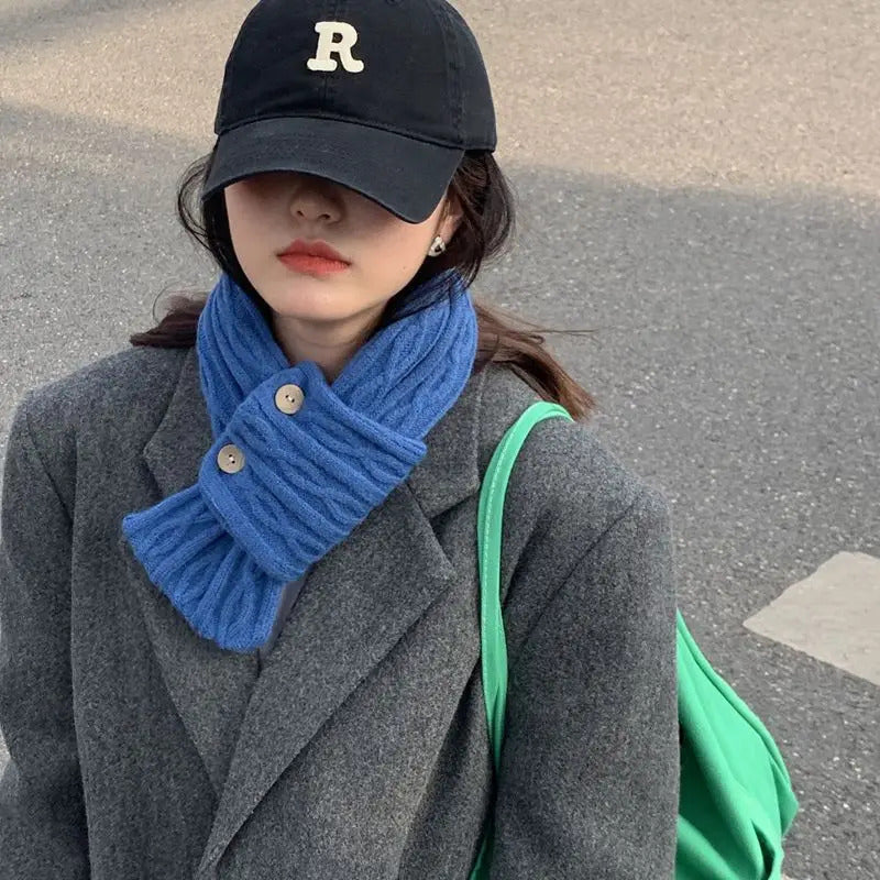 帽子女Korean Women Cross Scarf Solid Color Kintted Woolen Scarves Fashion Girl Short Neckerchief Winter Windproof Warm Neck Collar 스카프