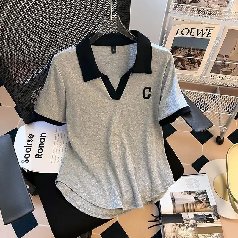 POLO男Korean Style Polo Collar Color Block Short Sleeves Top For Women 2024 Summer New Slim Fit Smooths Your Silhouette Base Layer Top