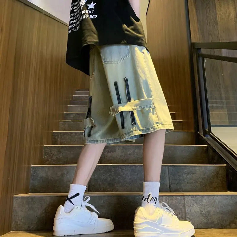 短裤男Summer Men Wide Leg Denim Shorts Vintage Cargo Hip-pop Baggy Knee Length Pants Stitching Streetwear Straight Casual 5 Pants