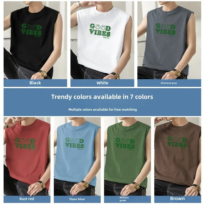 男士背心2024 New Men's Sleeveless T-Shirt Pure Cotton Loose Fit Fitness Basketball Crossbar White Sport Shoulder Vest Casual Scene