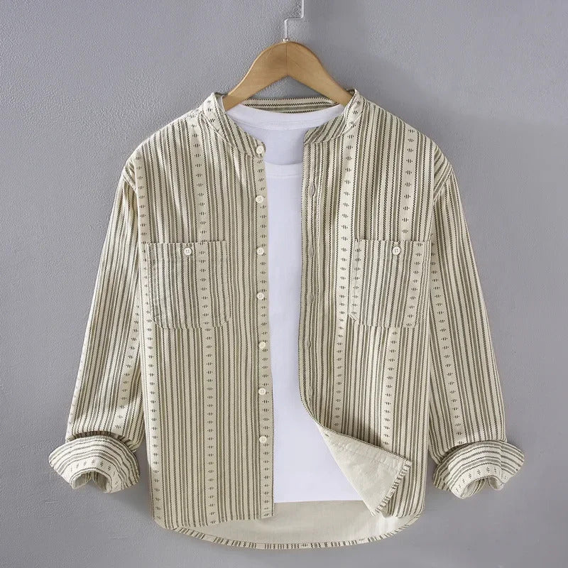 衬衫男Men's Long Sleeve Striped Cotton Shirt Casual Trendy Stand Collar Top For Spring Autumn Elegant Fashion Versatile Jacket