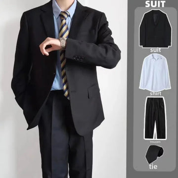 商务装男Dkwestern-style Men's Suit Two-piece Blazer Preppy Style Black British Style Student Graduation Interview Suit Versatile Autumn