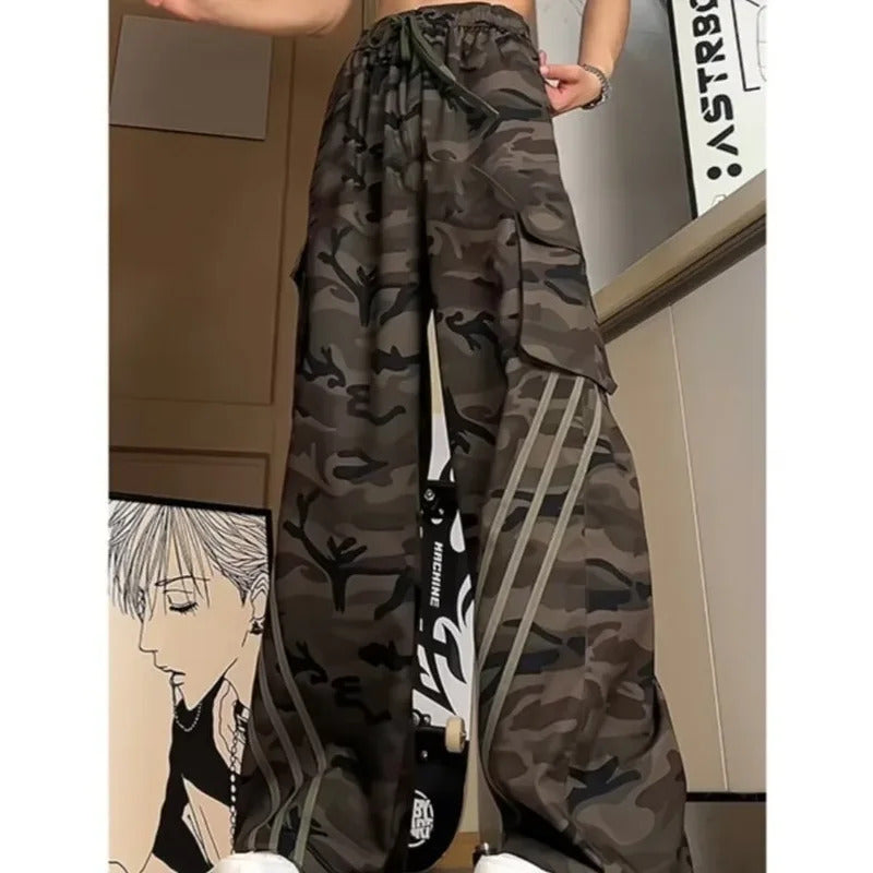 休闲裤男Striped Camouflage Sports Cargo Pants Men Loose-Fit Straight-Leg Casual Wide-Leg Jazz Dance Trousers American Style Vintage