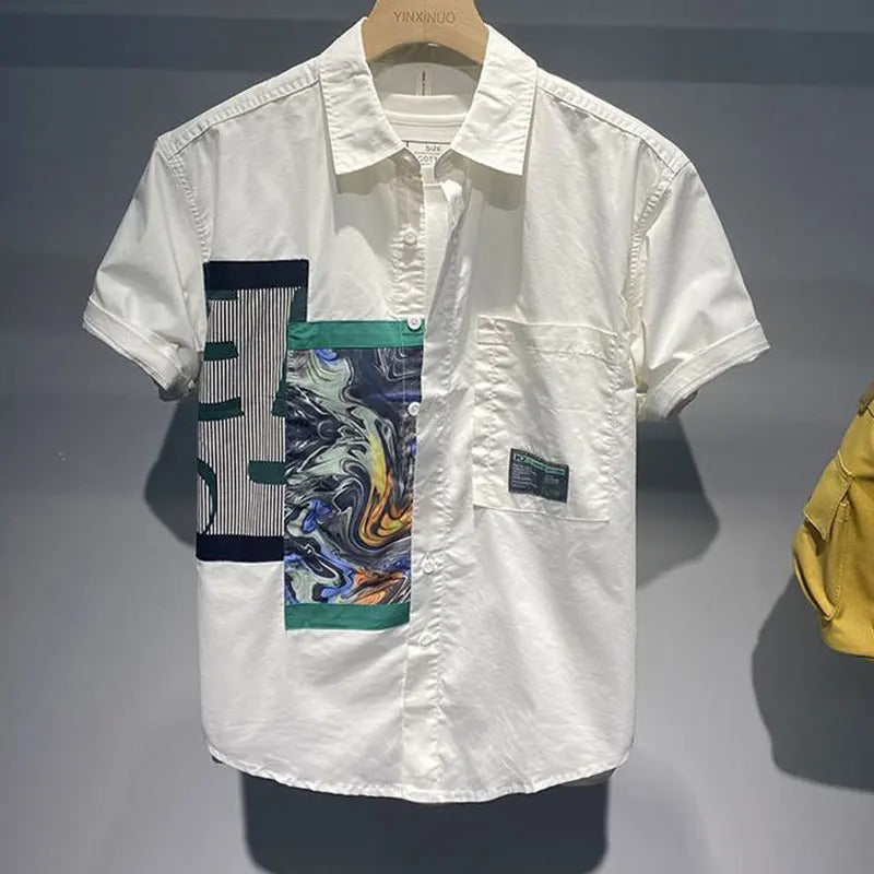 衬衫男Elegant Fashion Harajuku Slim Fit Ropa Hombre Loose Casual All Match Sport Shirt Printed Patchwork Button Short Sleeve Blusa
