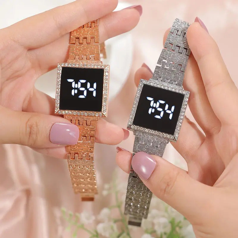 手表女UTHAI W68 Women's Electronic Watch LED Night Glow Square Wristwatch Diamond Inlay Vintage Simple Fashion Ladies Clock Watches