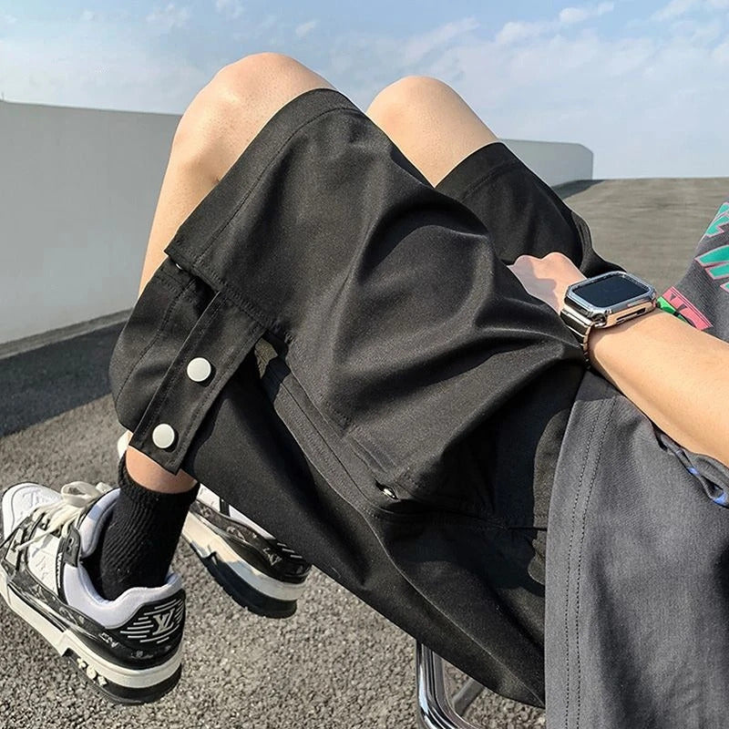 短裤男Mens Loose Sports Pants Hip Hop Harajuku Straight Cargo Shorts Solid Black Button Knee Length Drawstring Casual 5 Point Pants