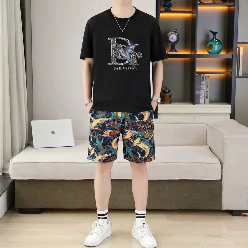 男士套装Fashionable Casual Men's Short Sleeve Suits European Station Summer New Arrival Luxury Unique Printing Men's Clothing Set
