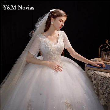 礼服女Customized Fashion V-neck Wedding Dress Short Sleeve Vestidos De Novia 2025 New Bride Gowns Dream Princess Simple Lace Appliques
