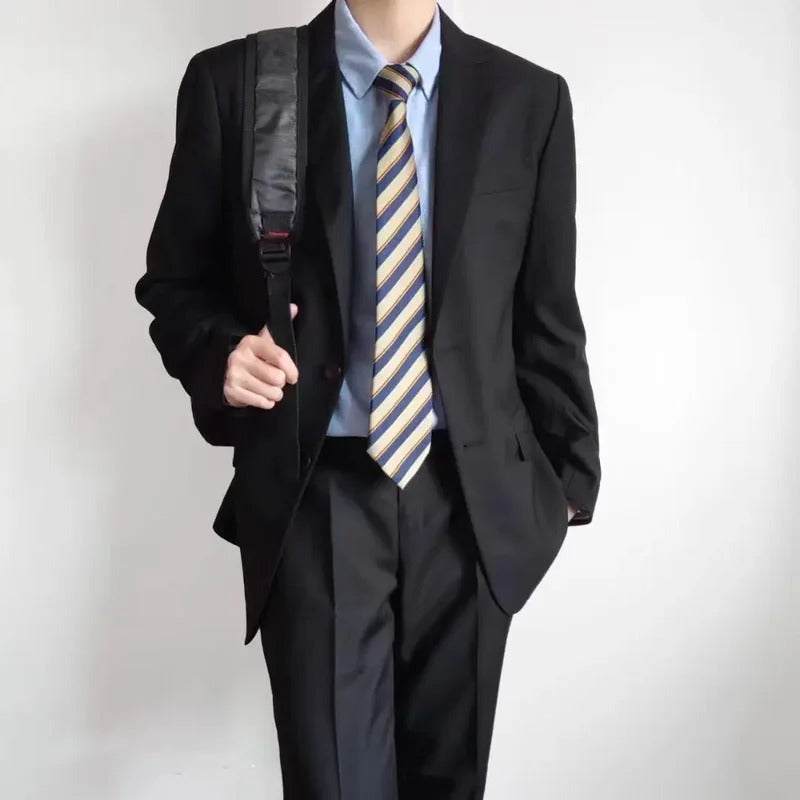 商务装男Dkwestern-style Men's Suit Two-piece Blazer Preppy Style Black British Style Student Graduation Interview Suit Versatile Autumn