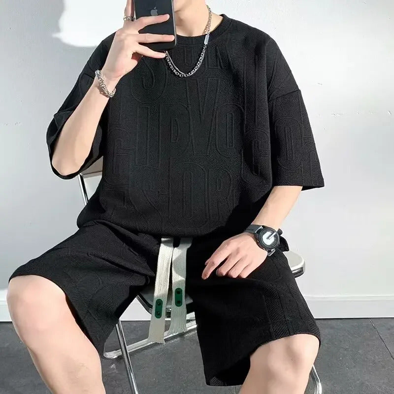 男士套装Summer Casual Men's Loose-Fit 2-Piece Set Hong Kong Style Short Sleeve T-Shirt Shorts Solid Color 2-Piece Set