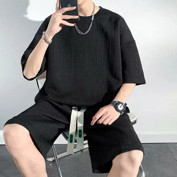 男士套装Summer Casual Men's Loose-Fit 2-Piece Set Hong Kong Style Short Sleeve T-Shirt Shorts Solid Color 2-Piece Set