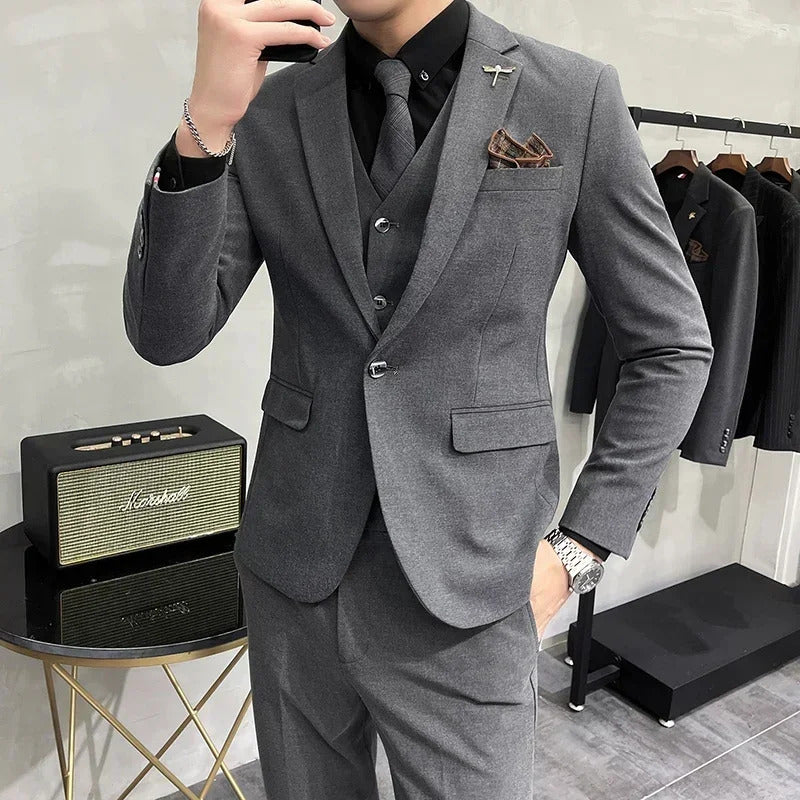 商务装男( Jacket + Vest + Pants ) High-end Brand Boutique Fashion Solid Color Mens Casual Business Suit 3Piece Set Groom Wedding Dress