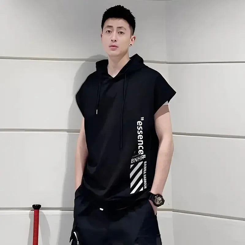 T恤男Summer Men's Sleeveless T-Shirt Hooded Loose-Fit Heavy Duty Chopping Sleeves Vest Trendy Male Sports Casual Shoulder Vest