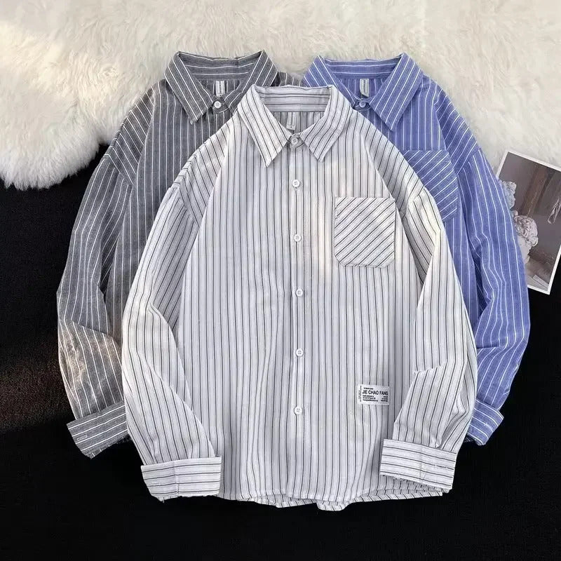 衬衫男Summer Striped Shirt Men's Long Sleeve Hong Kong Style Vintage Cool Japanese Loose-Fit Casual Versatile Trendy Jacket