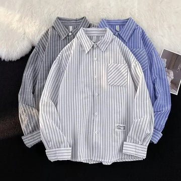 衬衫男Summer Striped Shirt Men's Long Sleeve Hong Kong Style Vintage Cool Japanese Loose-Fit Casual Versatile Trendy Jacket