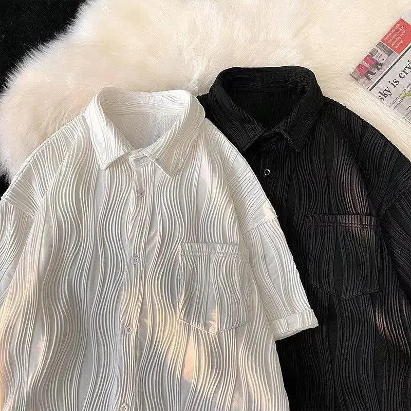 衬衫男Summer Casual Thin Ice Silk Shirt For Men Short Sleeves Loose Fit Trendy High-end Feeling Shirt Trendy Jacket