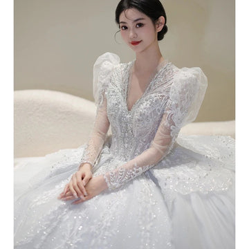 礼服女2025 New Luxury Long Sleeve Wedding Dress Lace Applique V Neck Bridal Dress Ball Gown Vestido De Noiva Floor or Train Customized