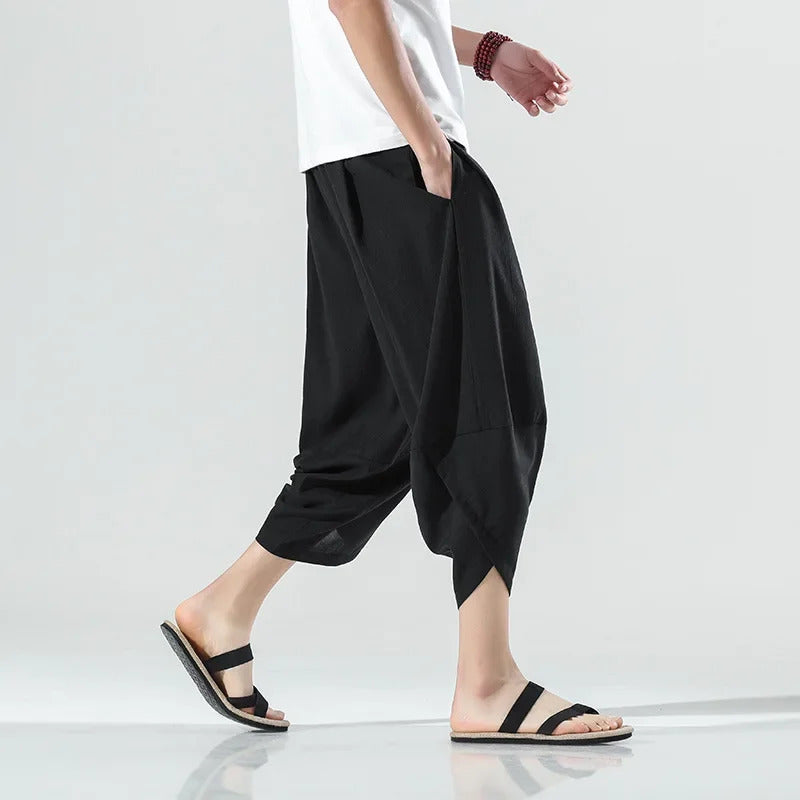 休闲裤男2024 Summer Chinese Style Linen Seven-Quarter Pants Men Loose Fit Plus Size Harem Pants Trendy Casual Pants