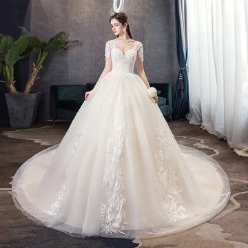 礼服女Custom plus size wedding dresses fashion Classic korean Bride gowns simple Lace Embroidery big train off white champagne Novia