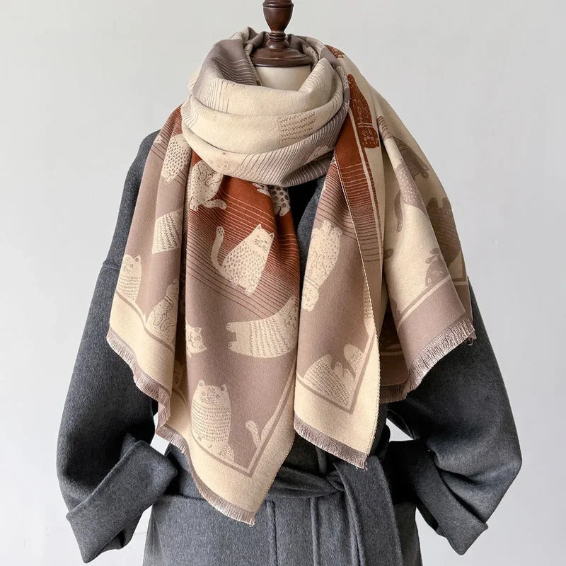 丝巾女New Winter Gradient Color Lovely Cats Print Cashmere Scarf for Women Shawl Wrap Female Autumn Warm Blanket Lady Poncho Echarpe