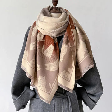 丝巾女New Winter Gradient Color Lovely Cats Print Cashmere Scarf for Women Shawl Wrap Female Autumn Warm Blanket Lady Poncho Echarpe