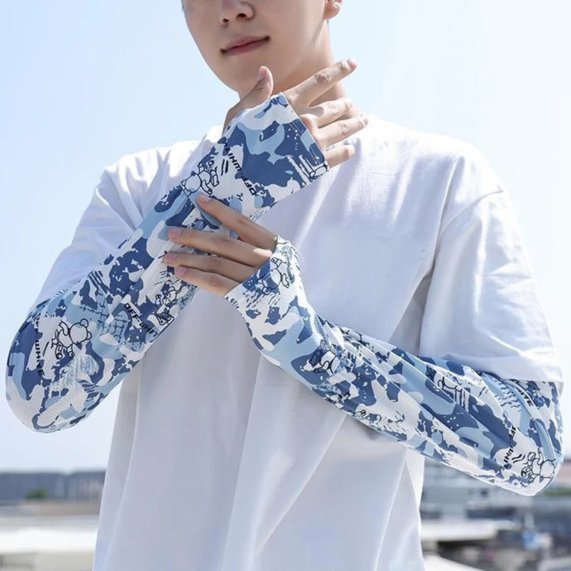 冰袖男Fashion Camouflage Print Ice Silk Anti-UV Arm Sleeves Breathable Men Sunscreen Sleeves Non-slip Half Finger Fishing Run Sleeves
