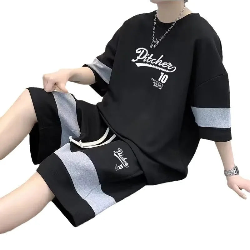 男士套装New Loose-Fit Short Sleeve Casual Sports Two-Piece Set For Young Men Summer Fashion Student Men's Suit Combo