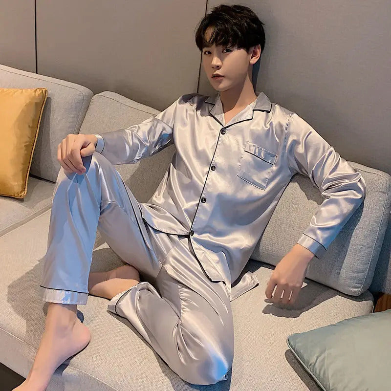睡衣男New Elegant Silk Men's Pajama Sets Long Button Sleepwear Male Sleeping Home Clothes Satin Night Wear Pijama Big Size Loungewear