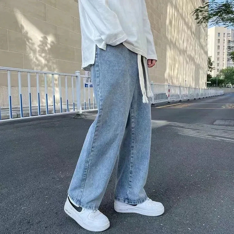 牛仔裤男Men's Straight-Leg Loose-Fit Elastic Waist Jeans Summer Trousers American Style Trendy Brand Bell Bottoms Casual Pants
