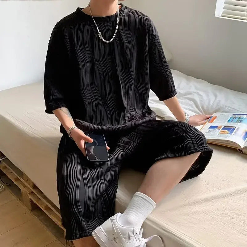 男士套装Men's Casual Sport Suit Half Sleeve Ice Silk Thin Style Loose Fit Trendy High End Feel Summer Shirt