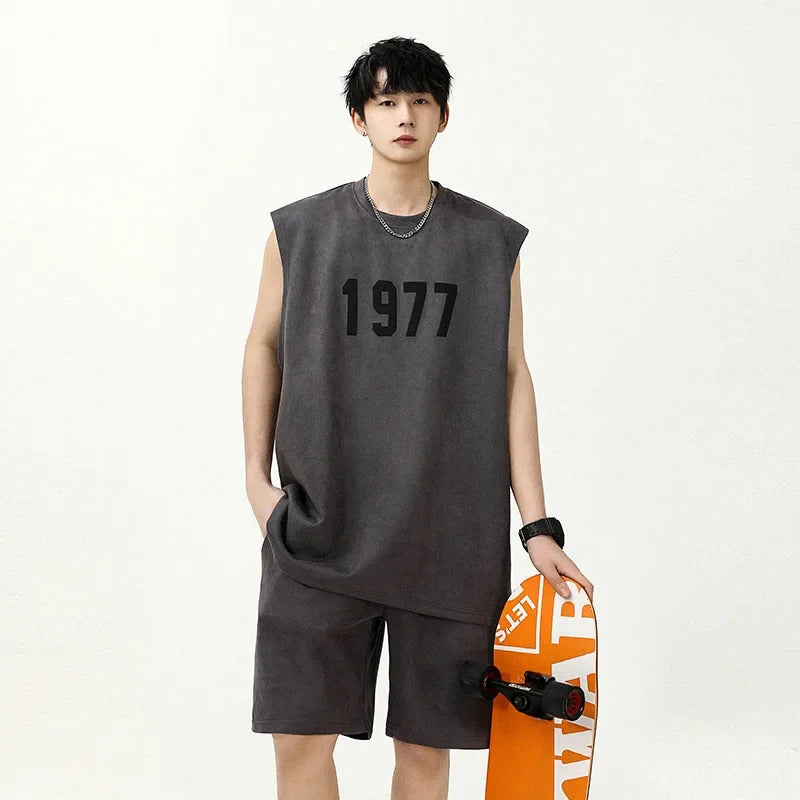 男士套装Fashionable Letter Printed Chamois Leather Vest2-Piece Set Summer Men's Sleeveless T-Shirt Straight-Leg Shorts Suit